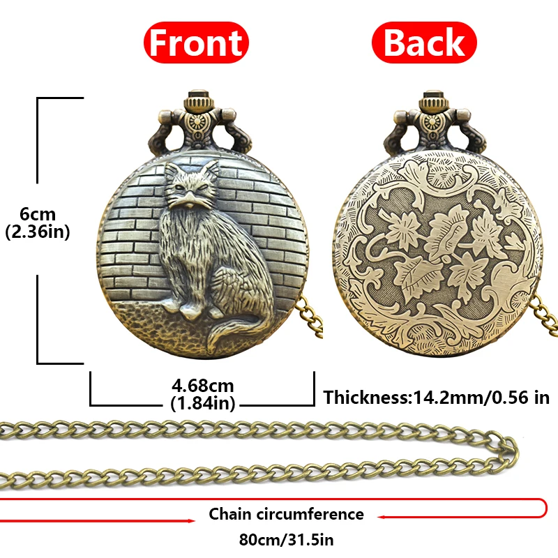 สร้อยคอดีไซน์แมวสุดสร้างสรรค์ฝาพับสีบรอนซ์แบบวินเทจของขวัญนาฬิกาข้อมือกระเป๋าควอตซ์สำหรับนักเรียนหญิงและชาย