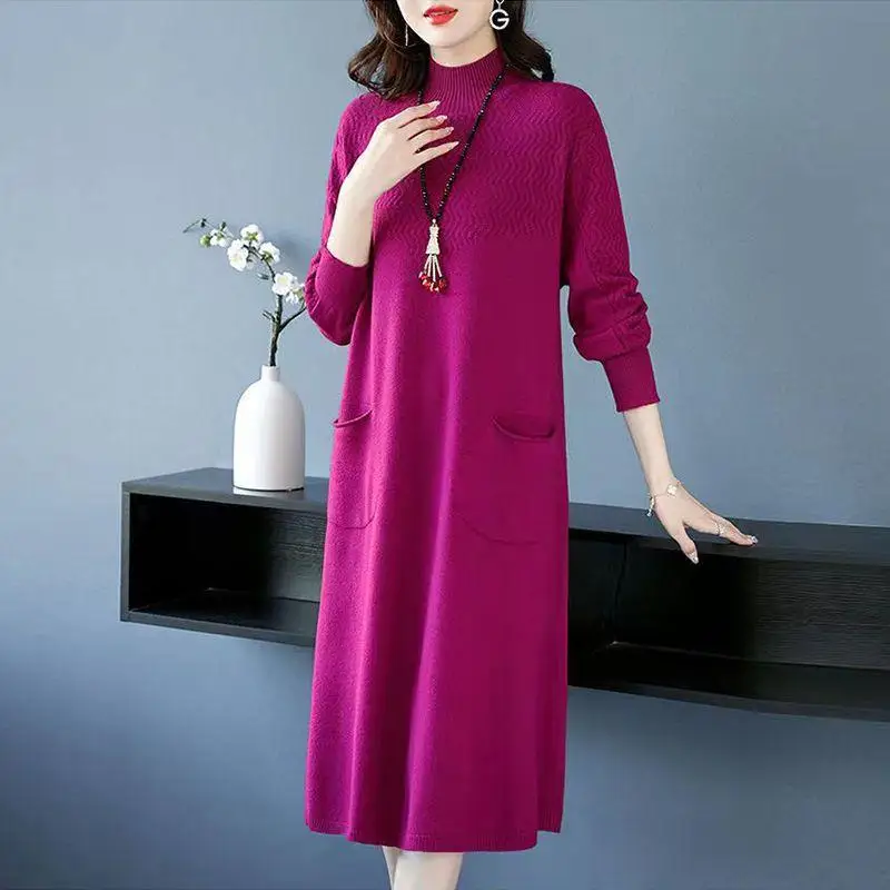 Long Sleeve Spring Autumn Turtleneck Warm Women Pullover Sweater Dress New Loose Vintage Middle Aged Mother Knitwear Jumper