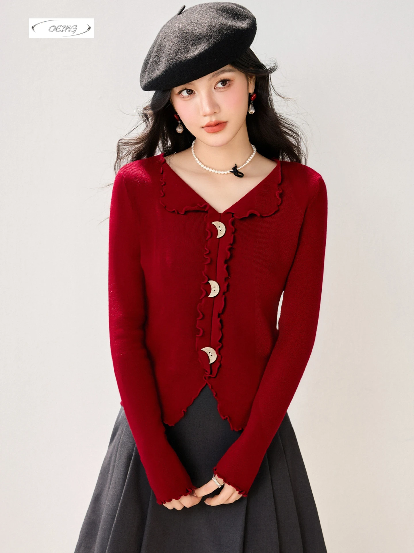 

Women Chic V-neck Long Sleeve Red Knitted Sweater Autumn Winter Hot Girl Sexy Slim Short Pullover Tops Knitwear Clothes 9742