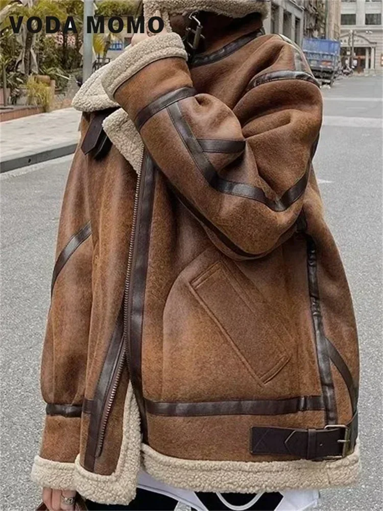 

Women Warm Lamb Shearling Jacket Zipper Moto Biker Long Sleeve Short Casual Outwear Winter Sheepskin Coat Faux Fur Suede Leather