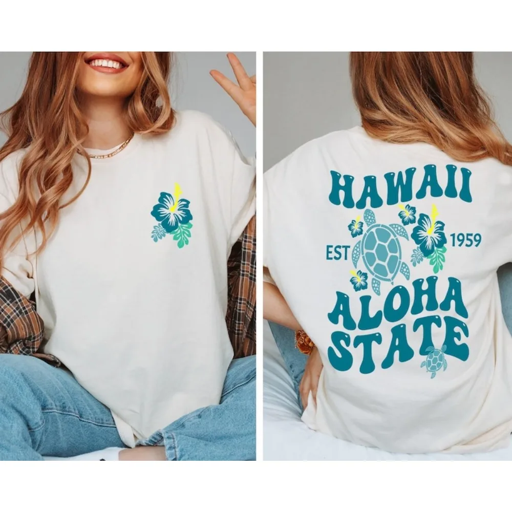 Hawaii Aloha State T-Shirt Vintage Turtle Beach Shirt Retro Surf Tee Summer Vacation Tops Breathable Camisetas Ropa Mujer