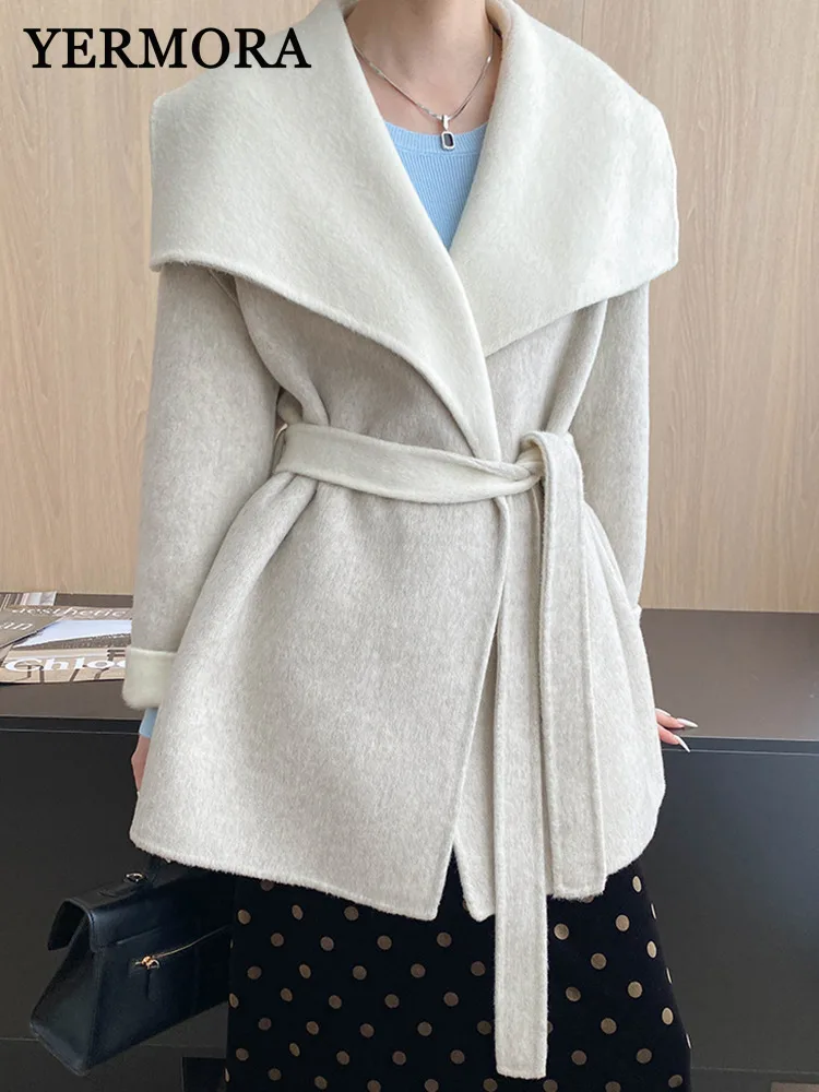

YERMORA Apricot Belt Warm Brief Casual Woolen Coat Big Lapel Long Sleeve Loose New Overcoat Fashion Tide Autumn Winter 2025
