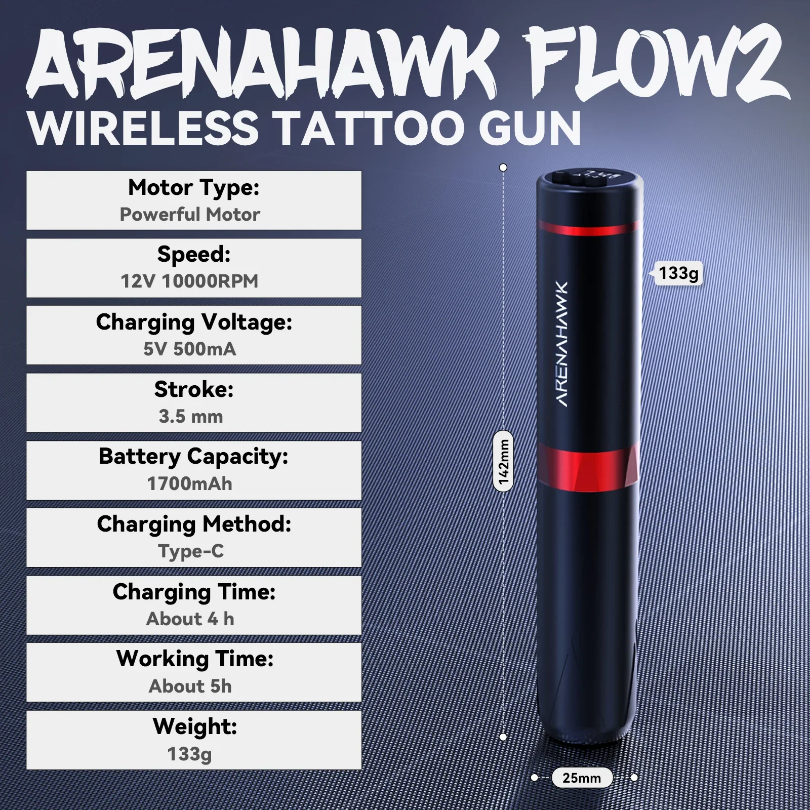 Arenahawk Flow2 Wireless Tattoo Pen 3.5mm Stroke Powerful Motor 1700MAh Battery Capacity Tattoo Wireless Machine Tattoo Supplies