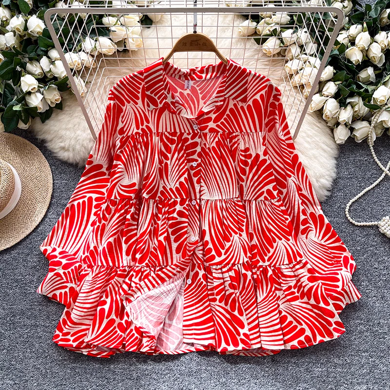 Lente Herfst Casual Shirt Met Lange Mouwen Vrouwen Grote Maat Losse en Veelzijdige Lantaarn Mouw Single Breasted Gedrukt Blouse C338