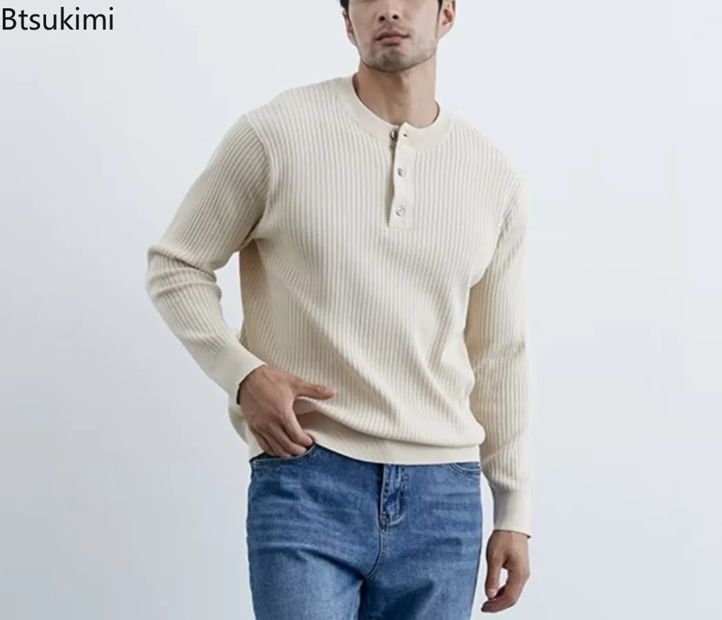 

2025 Autumn Men's Henry Collar Knit Sweater Fashionable Solid Button-down Long Sleeve Retro Leisure Pullovers Trendy Knitwear