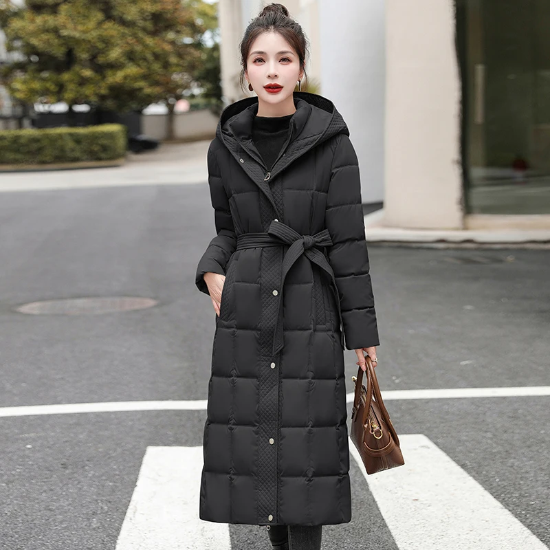 

Winter New Checkered Down Cotton Coat Women Long Windproof Hood Slim Fit Warm Fashion Belt Coat Parkas