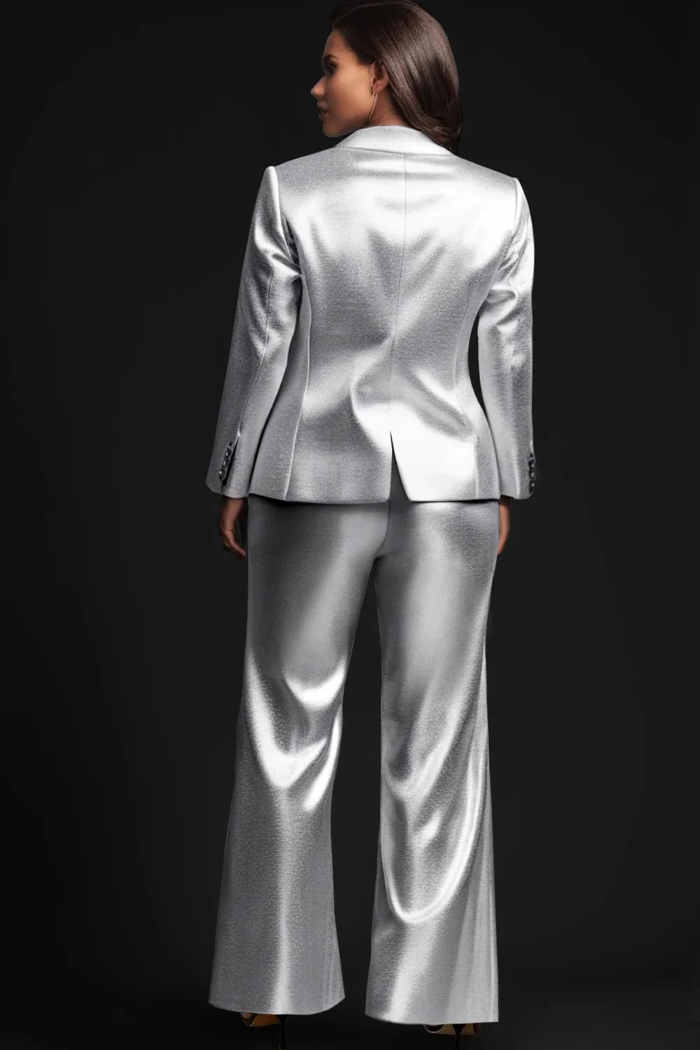 Shiny Silver Women Suit Set 2 Pcs Blazer+Wide Leg Pants Trousers Formal Office Lady Jacket One Button Customized Wedding Coat