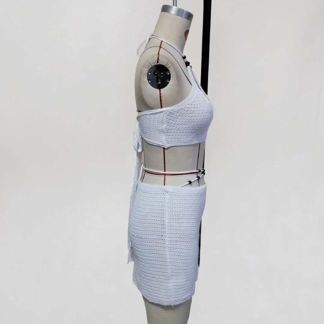 Ausgeschnittenes Halterneck-Häkel-Strick-Zweiteiler-Set, Tunika, Strand-Cover-up, Strandkleid, Strandmode, Damen V8229 – Detail 7