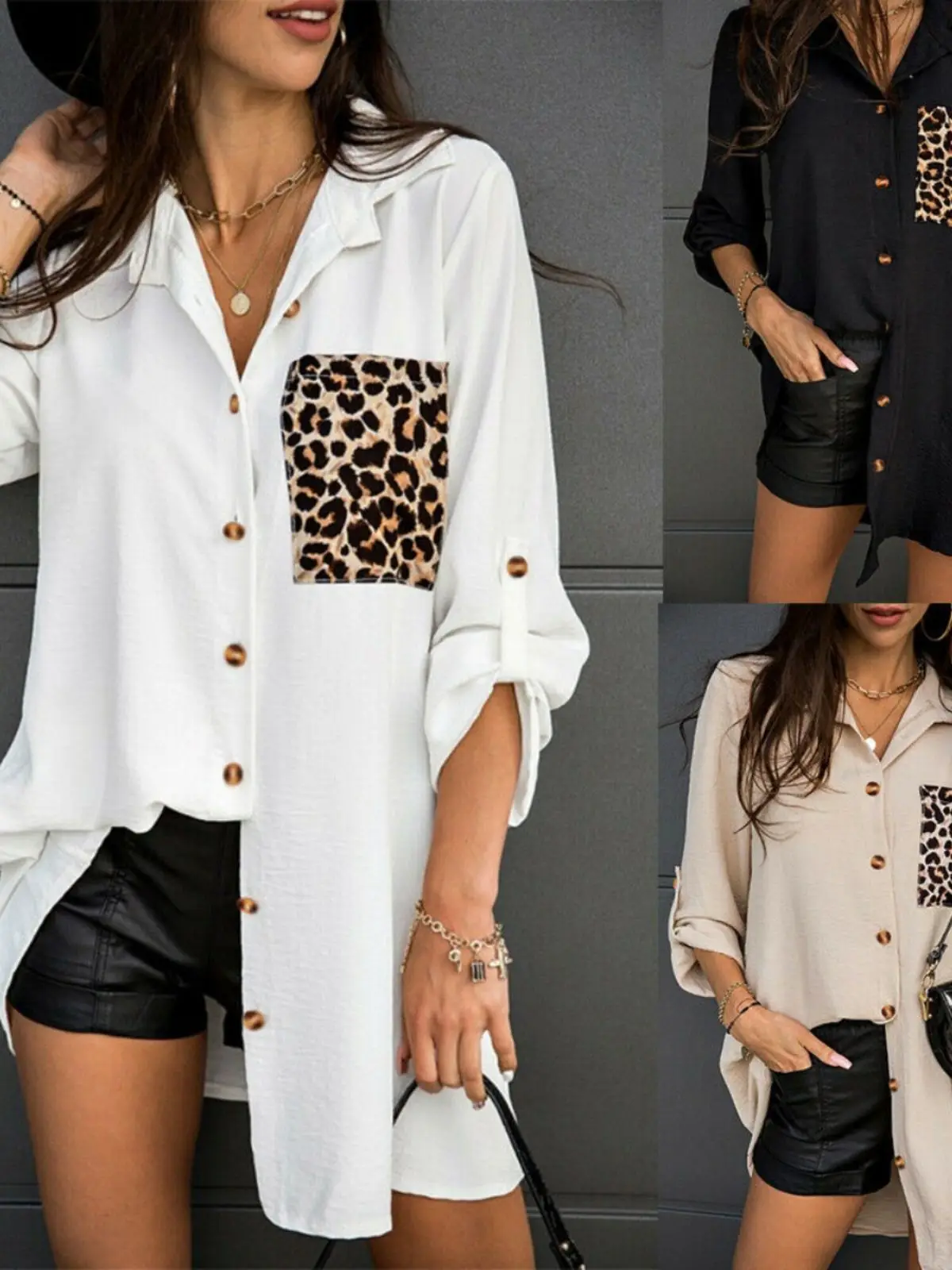 

Свободная рубашка с леопардовым принтом и карманами, миди, повседневная, с длинными рукавами, V-образным вырезом, на пуговицах, модный топ для женщин