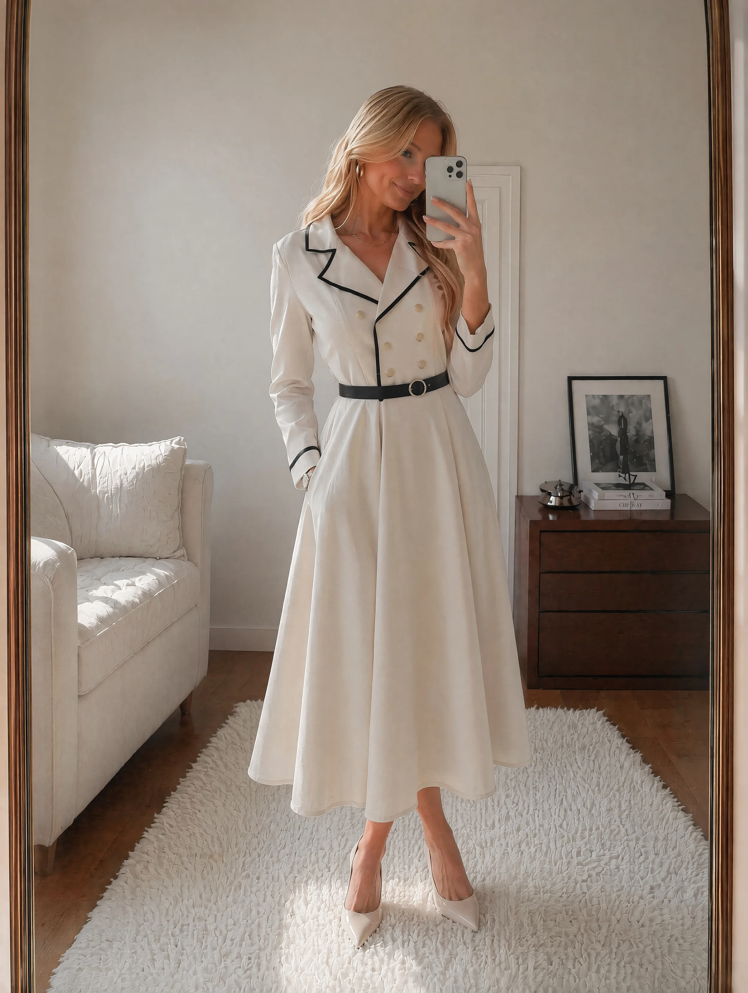 Damen-Blazerkleid mit Reverskragen, langen Ärmeln, zweireihigem Verschluss, Gürtel, A-Linie, Midikleid, Bürokleidung