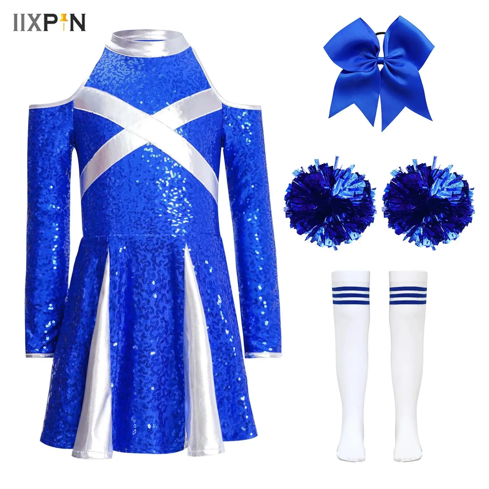 

Kids Girls Cheerleading Dancer Costume Cold Shoulder Long Sleeve Color Block Sequins Dress+Headwear+Flower Balls+Socks 4Pcs/Set