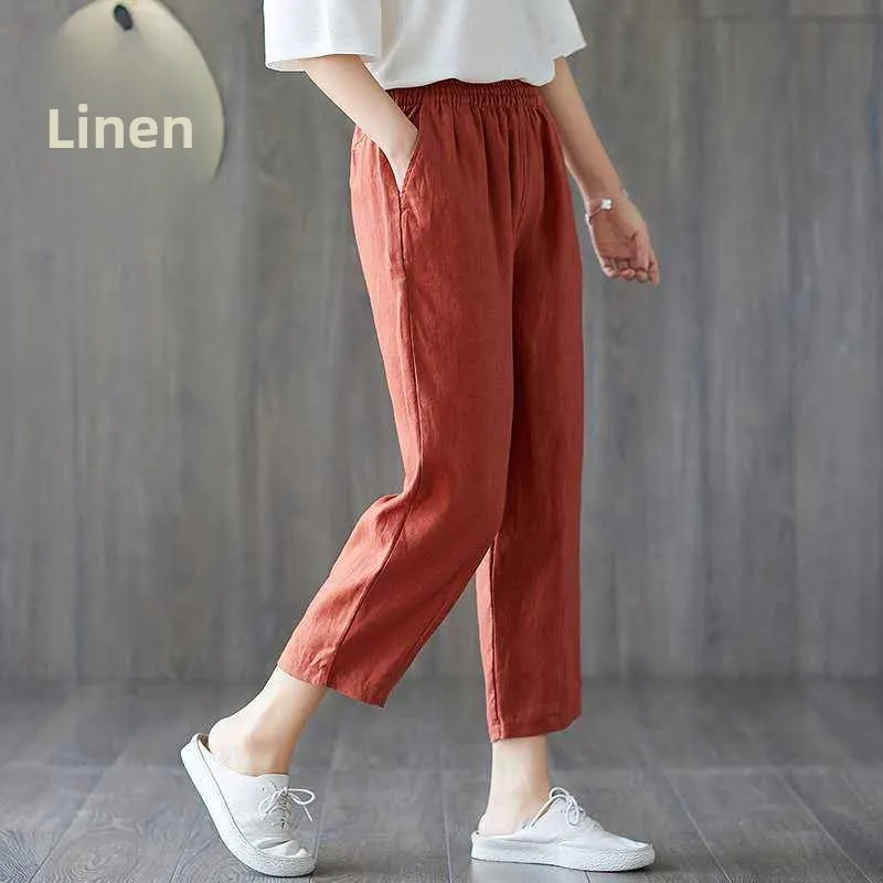 Cotton Linen Harlan Pants Women's Autumn Thin Carrot Pants Artistic Casual Loose plus Size Nine Points Vintage Straight Leg P...