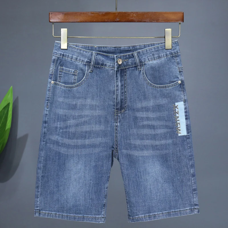 Summer Thin Men's Embroidered Denim Shorts Fashion Stretch Slim Breathable Straight Jeans Personality Bermuda Short Pants Male