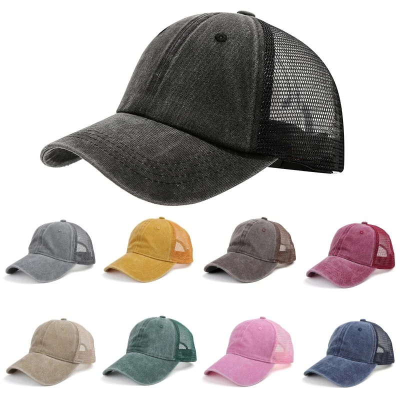 Gorra de béisbol de algodón lavada Unisex, gorras de camión de malla informales ajustables de Color sólido Vintage para hombres y mujeres, sombrero de calle al aire libre de verano