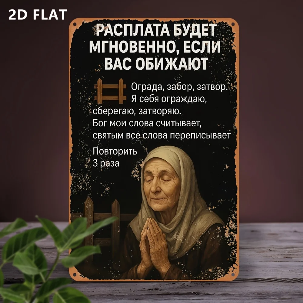 [2D Flat] Vintage Russian Religious Aluminum Sign, Prayerful Elderly Woman Cyrillic Text Wall Decor for Home, Office & Garage.