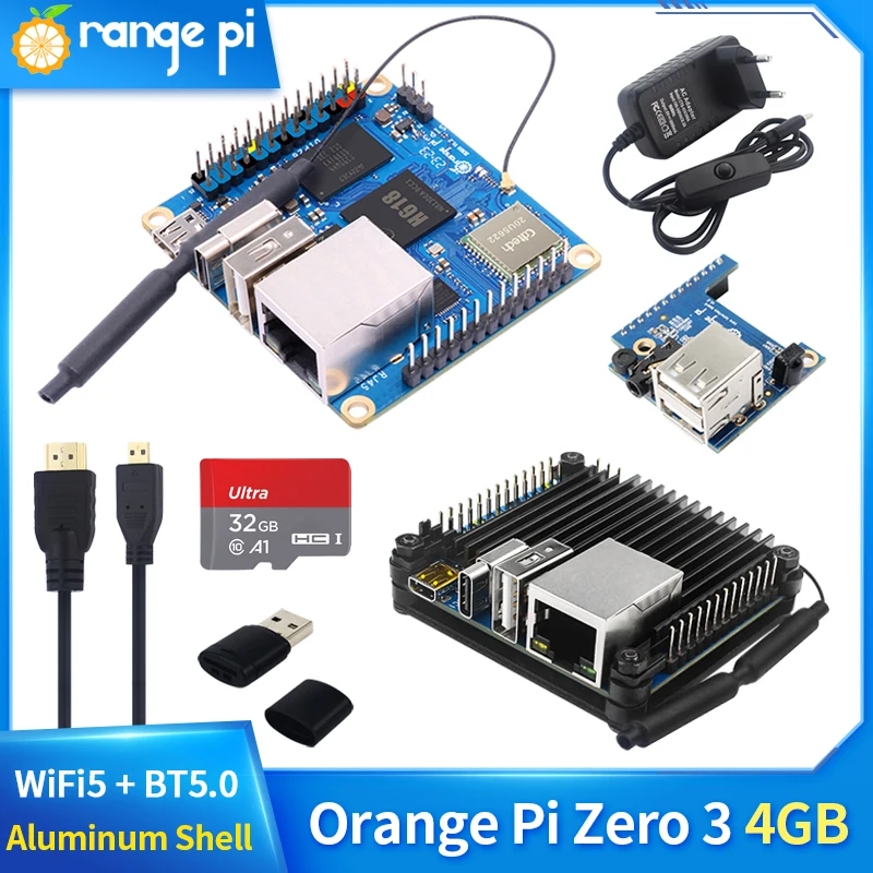 Caixa de alumínio Orange Pi Zero 3, 4GB RAM, Allwinner H618, WiFi5 + BT 5.0, LPDDR4, 16MB, flash SPI, fonte de alimentação opcional para OPI 3