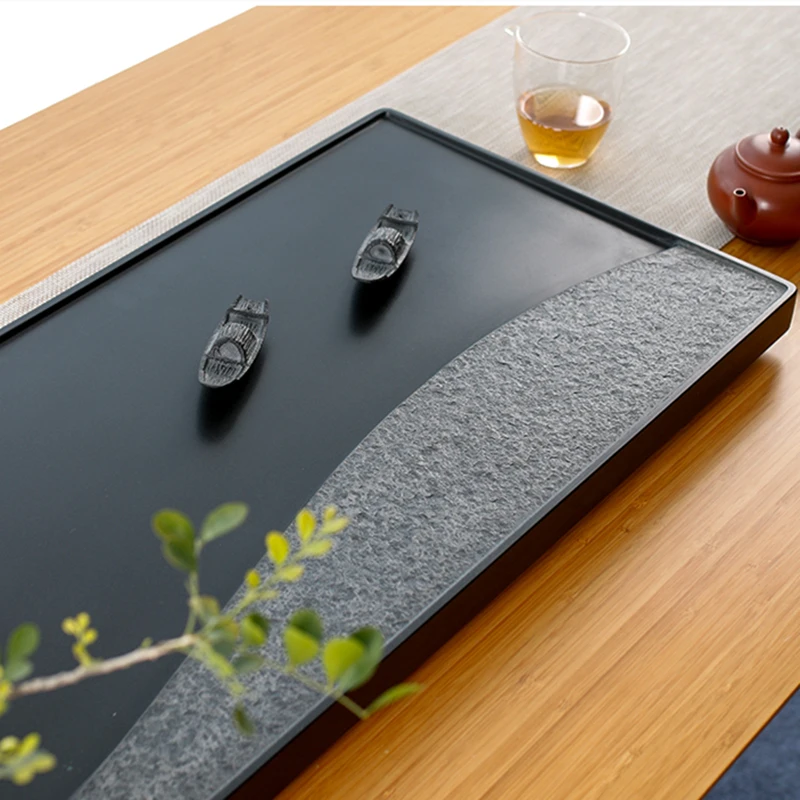 newly listed weighted tea tray black stone serving tray for tea set simple pattern solid water draining table rectangle heavy