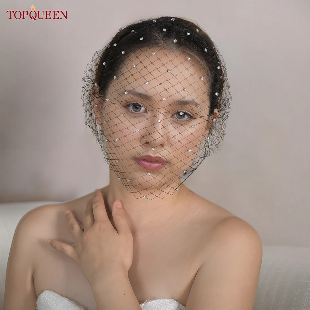 

TOPQUEEN VA06 Face Veil Russian Tulle Cage Veil with Rhinestones Simple Detachable Blusher Veil Pearls Birdcage Veil on the Face