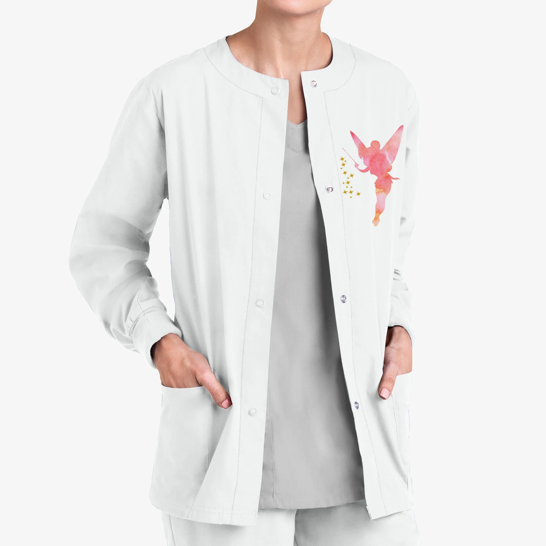 Spring and Autumn Women's Long Sleeve Pocket Cardigan Disney The Secret of the Fairies Printed Ophthalmology Dental Work Clothes