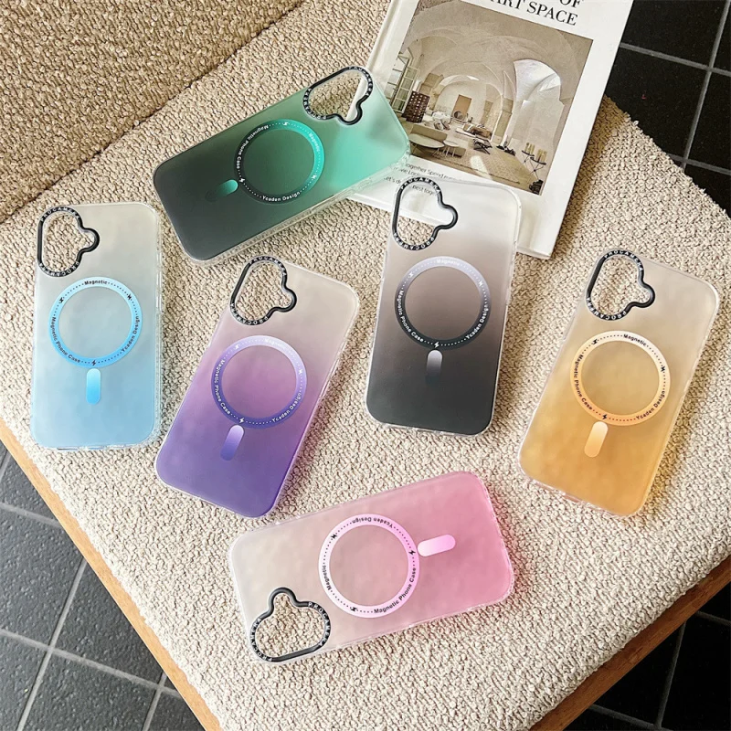 Funda de Teléfono Magnética Antigolpes de Color Degradado Escarchado Usada en iPhone 16 Pro Max, Estilo Clásico de Moda Simple para Chicas