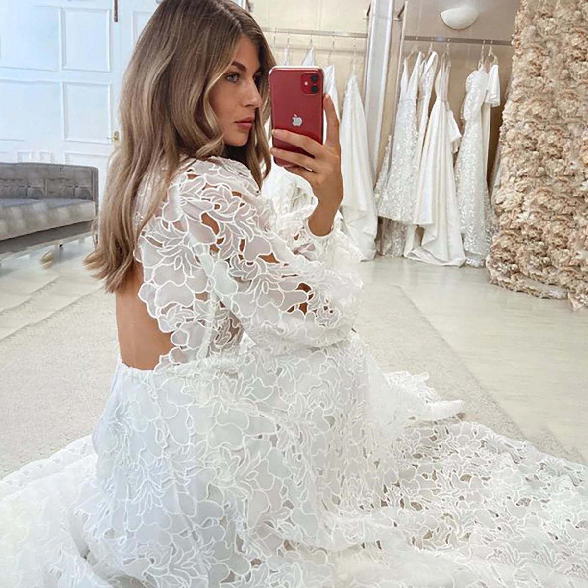 Feminine Puff Long Sleeves Square Neck Wedding Dress Bohemian Open Back Flowy Skirt Floral Eyelet Lace A Line Boho Bridal Gowns