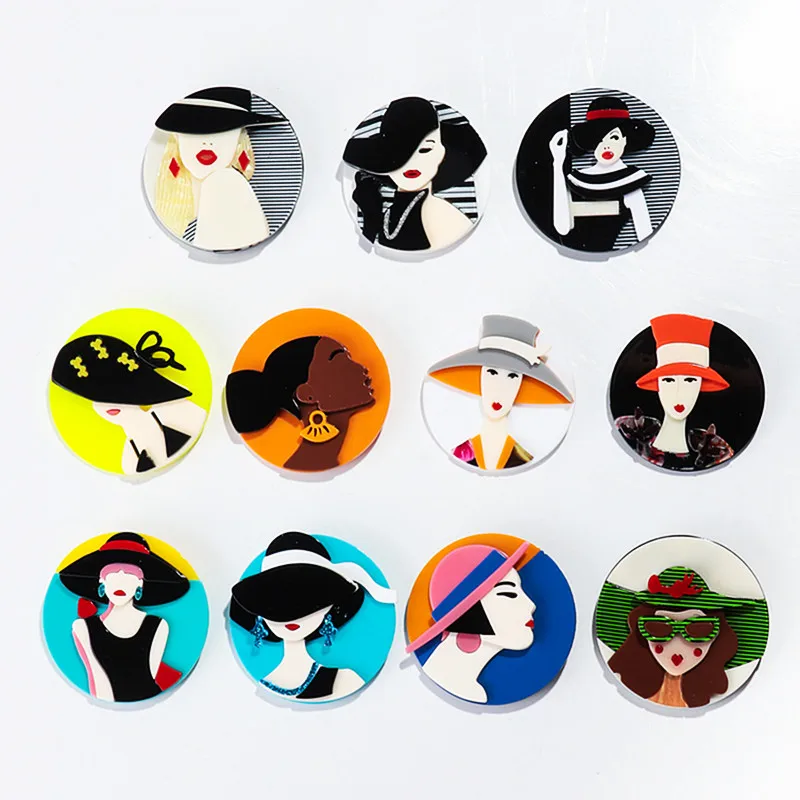 Trendy Lady Wear Hat Acrylic Brooches for Women Geometric Round Girls Figure Badge Lapel Pins Brooch Handmade Clothing Jewelry