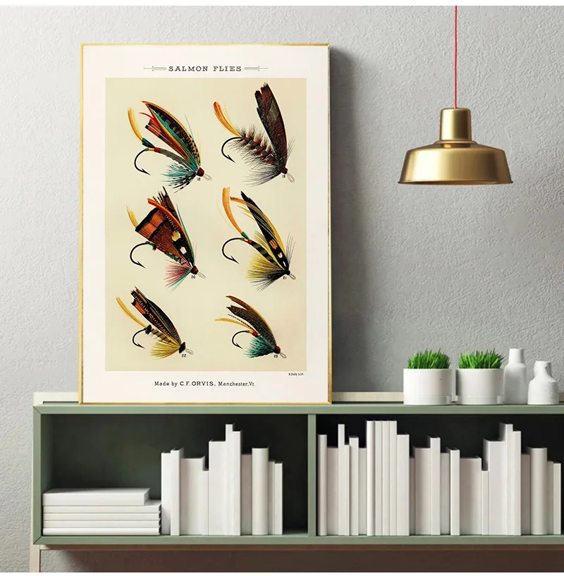 Antique Orvis Salmon Trout Flies Illustration Prints 1892 Fishing Poster Canvas Painting Wall Pictures Retro Home Decor Gift