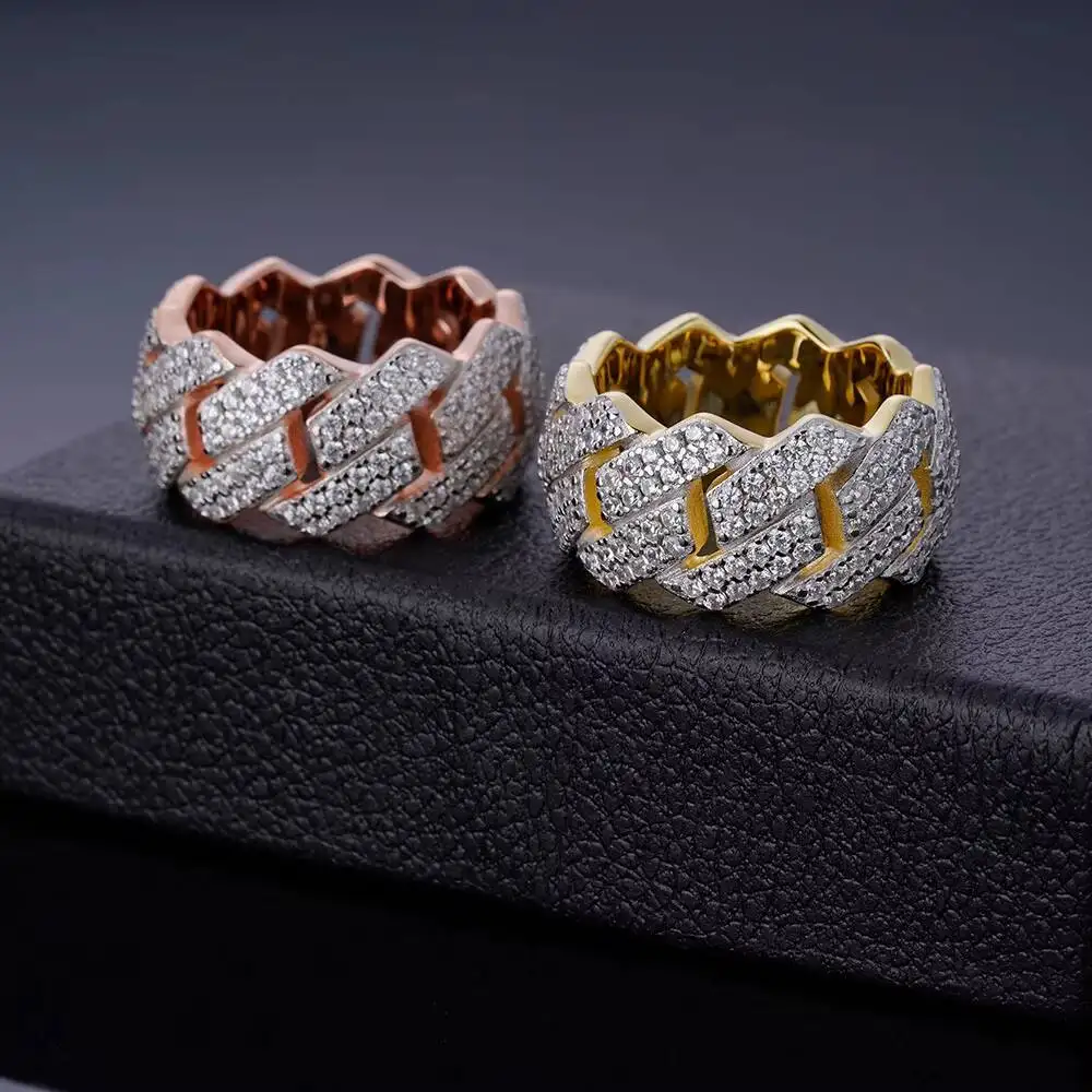 Rapper Style Jewelry Fully Iced Out 925 Sterling Silver 18K Gold Plated Bling Diamonds Cuban Rings for Men