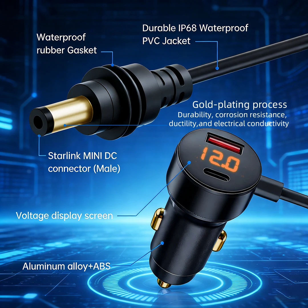 

Автомобильное зарядное устройство 3-в-1 с цифровым дисплеем для Starlink Mini, с интерфейсами USB A+C, кабель питания DC, кабель для зарядки в автомобиле
