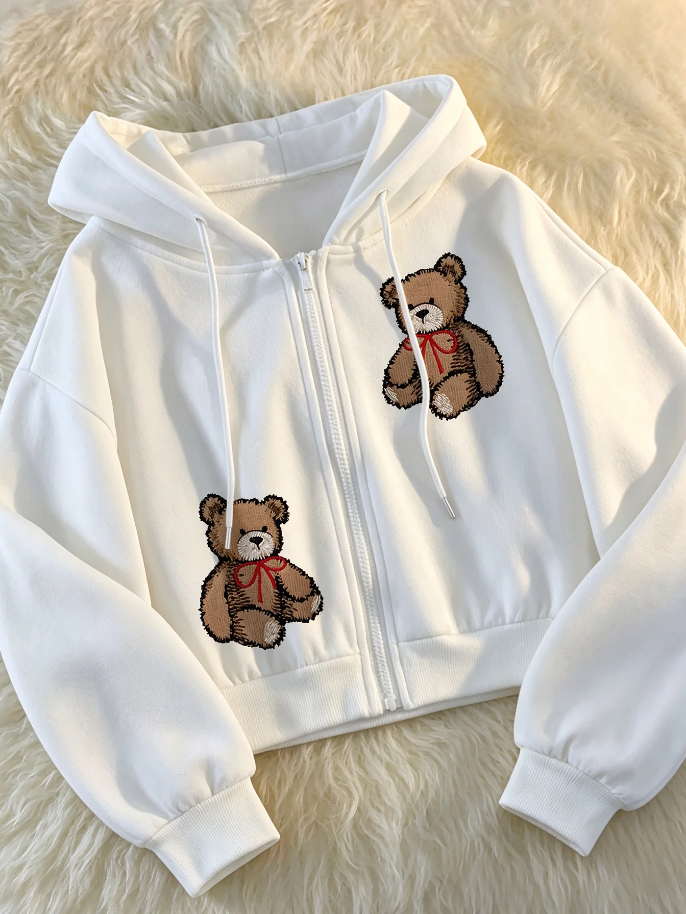 Hooded Sweatshirt |Faux Embroidered Bow Bear Print |Versatile Loose Fit Zip-Up Jacket  Women's Apparel