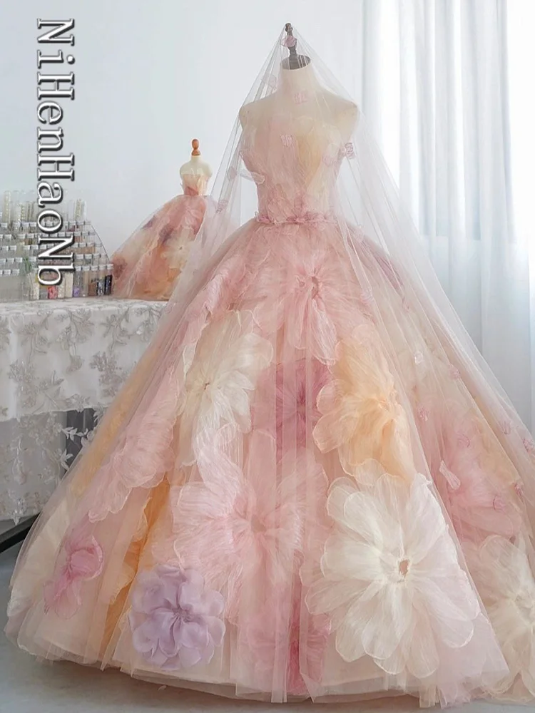 Gaun Quinceanera Gaun Pesta Malam Tanpa Tali Pink Gaun Bunga Vestidos De 15 Años