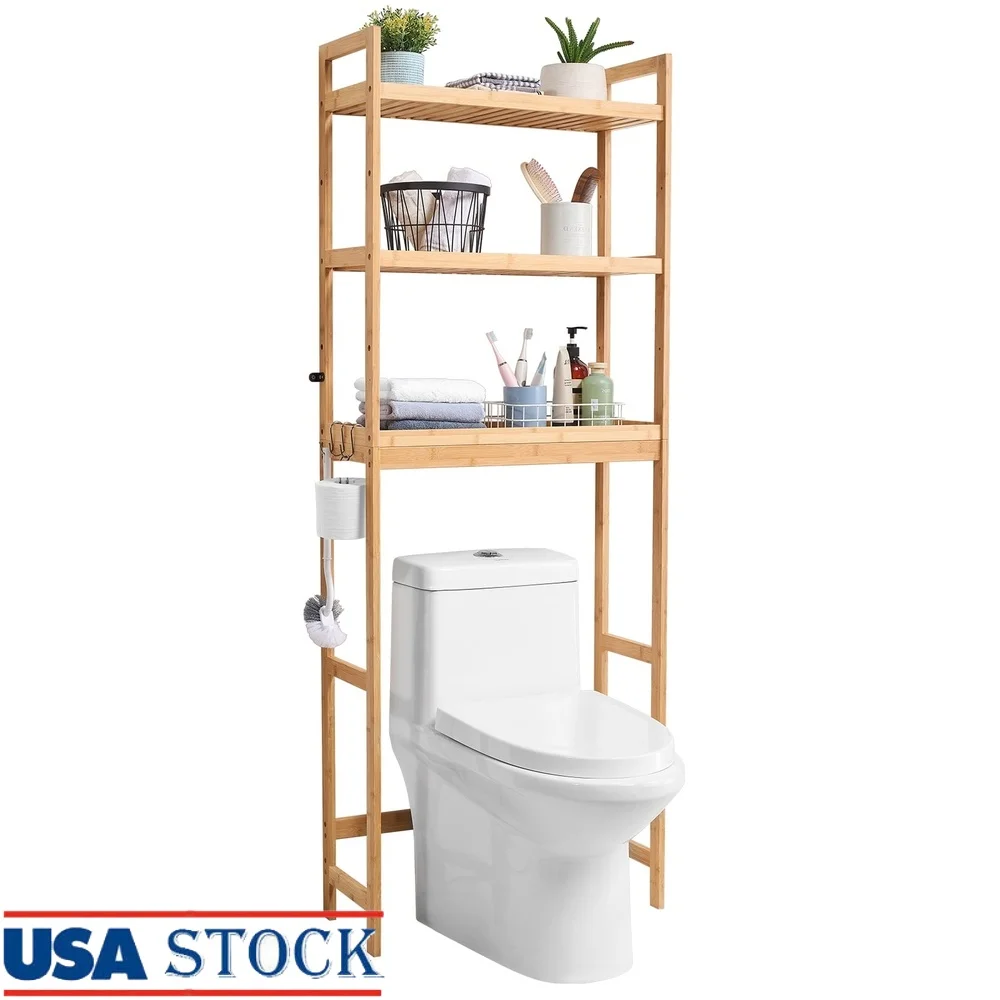 

Toilet Storage Organizer 3 Tier Bamboo Shelving Unit Adjustable Over the Toilet Rack with Bathroom Space Saver Easy