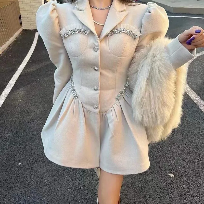 

Осень 202, новое шерстяное пальто в корейском стиле для женщин, милая плиссированная юбка-пуф, облегающее шерстяное костюмное платье