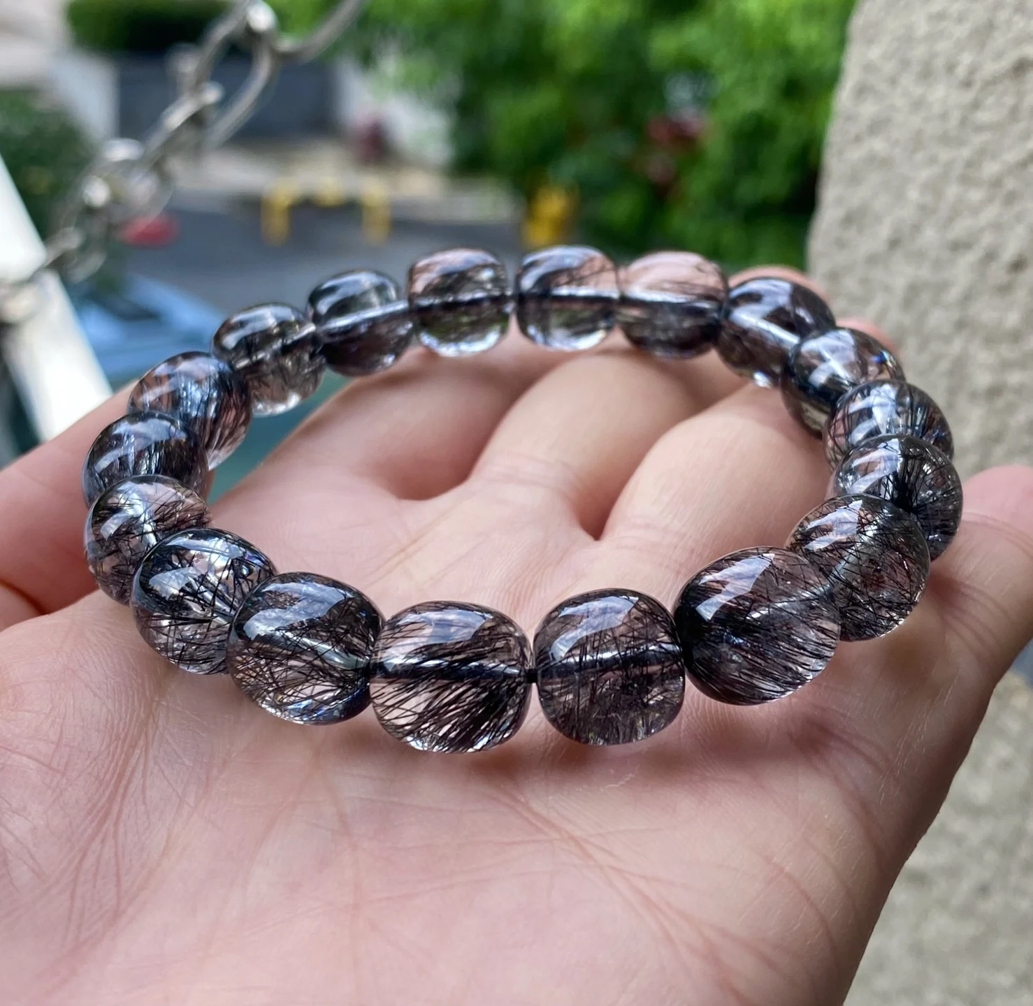 Natural Black Rutilated Quartz Clear Round Beads Bracelet Women Men 11.2x11mm Barrel Rare Brazil Genuine Rutilated AAAAAA