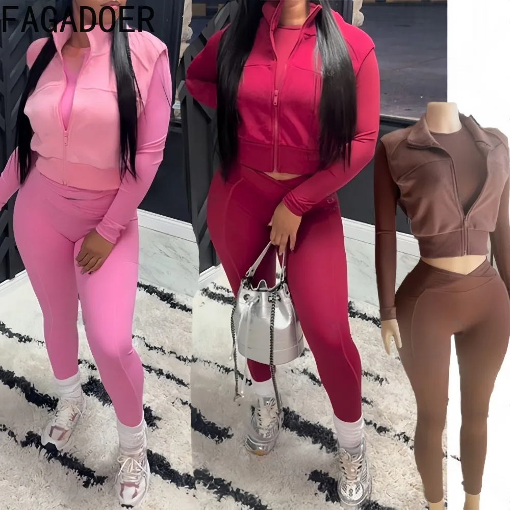 

FAGADOER Casual 3 Piece Sets Women Outfit Sleeveless Vest Coat + Long Sleeve Crop Top + Leggings Suits Female Sportswear New