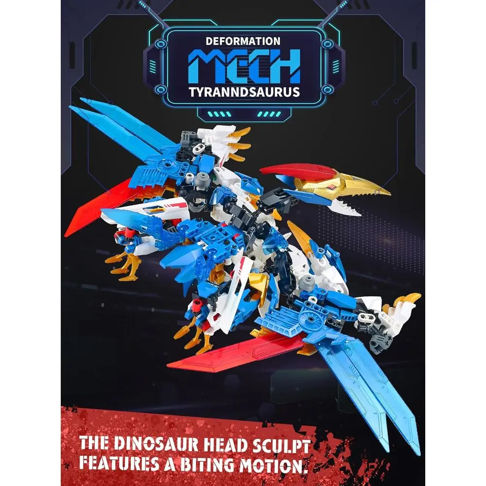 Dinosaurio y Mech que transforma bloques de construcción, kit de figuras de acción de pterosaurio, edades de 8 a 12 años