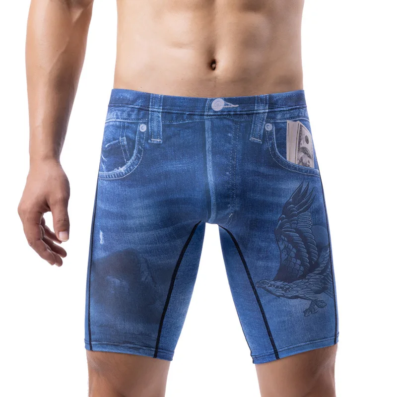 Mens Boxerกางเกงขาสั้นพิมพ์Jeanชุดชั้นในกางเกงชายMan Breathable Ice Silk Uนูนกระเป๋ากางเกงCueca Calzoncillo L-4XL