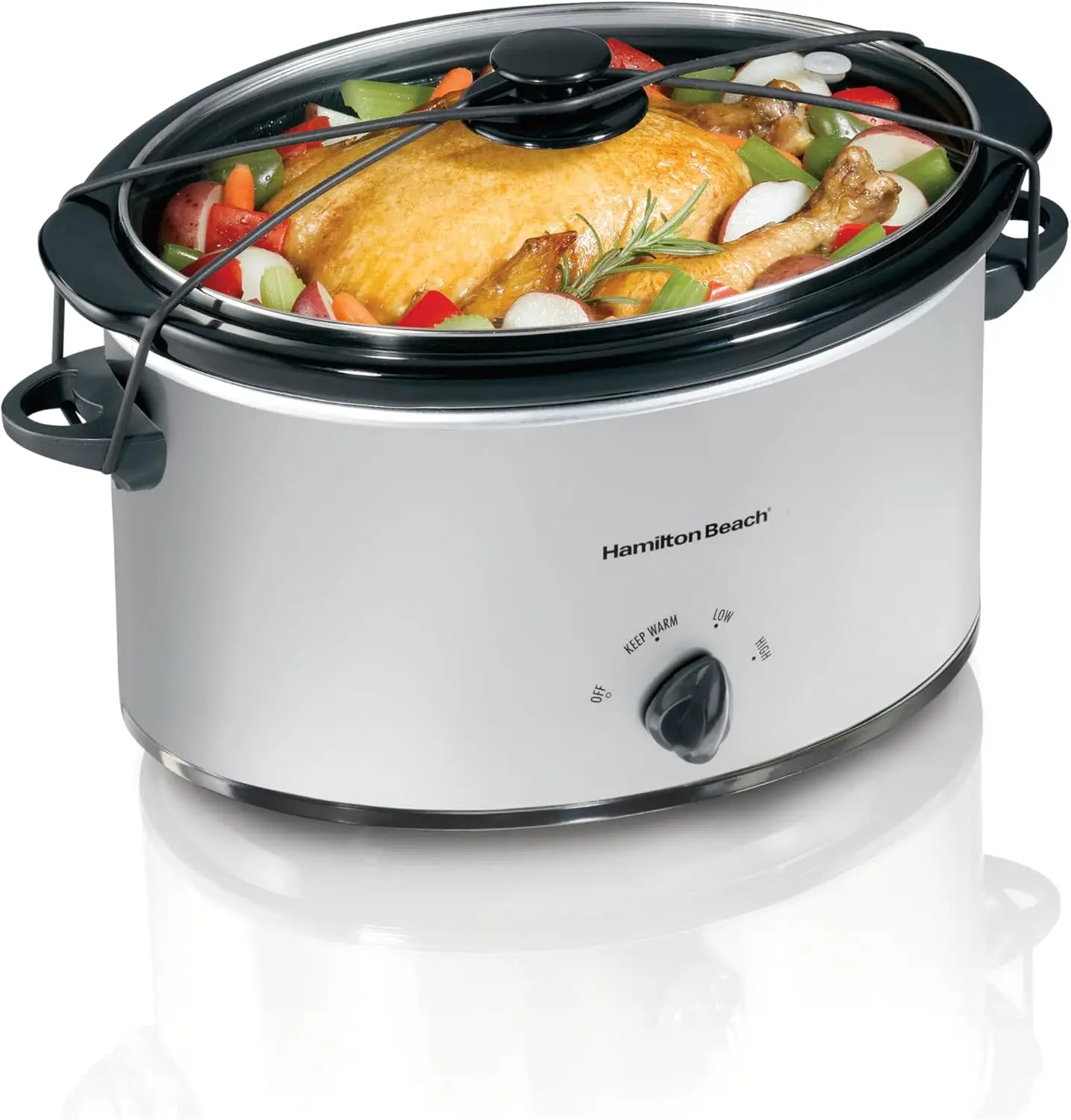 

7-Quart Portable Slow Cooker Serves 8+, Dishwasher Safe Crock, Lid Latch Strap for Travel, Brushed Silver