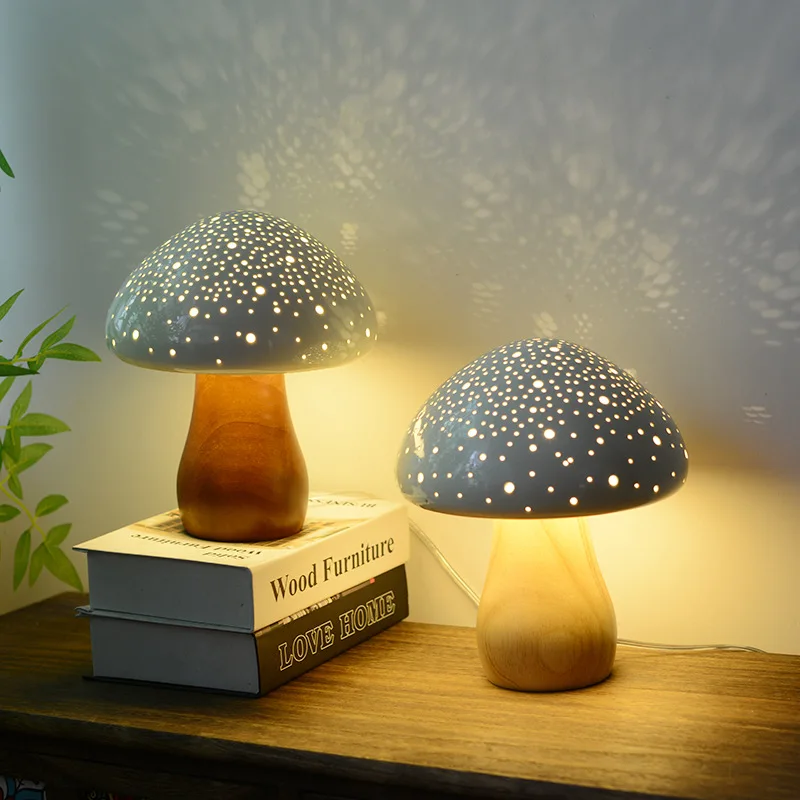 

Simple Modern Night Light Solid Wood Children'S Room Bedroom Living Room Bedside Atmosphere Mushroom Table Lamp