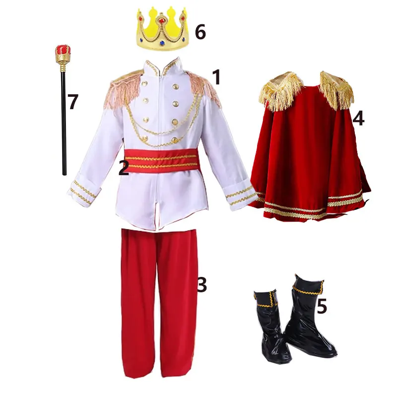 2026 Prinzenkostüm 7-teiliges Set Jungen Königliches Outfit Hemd+Krone+Szepter+Umhang+Gürtel+Hose+Stiefel für Kinder von 2-10 Jahren Halloween-Kostüm – Detail 3