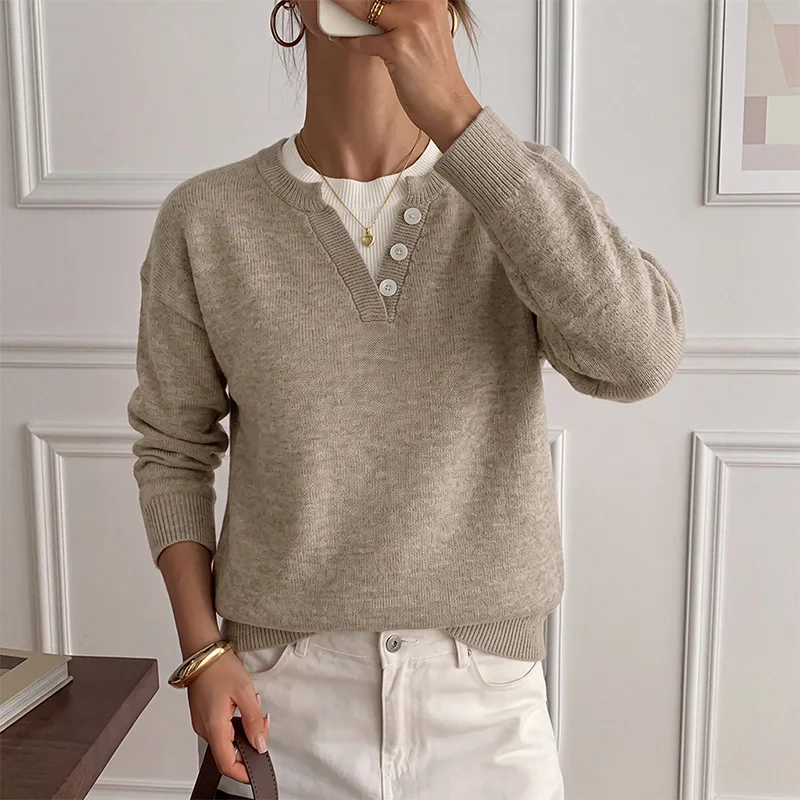MsChuh Women's Pullovers 2026 Autumn/Winter New Style Round Neck Solid Color Button Contrast Splicing Fake Two Piece Sweaters 3