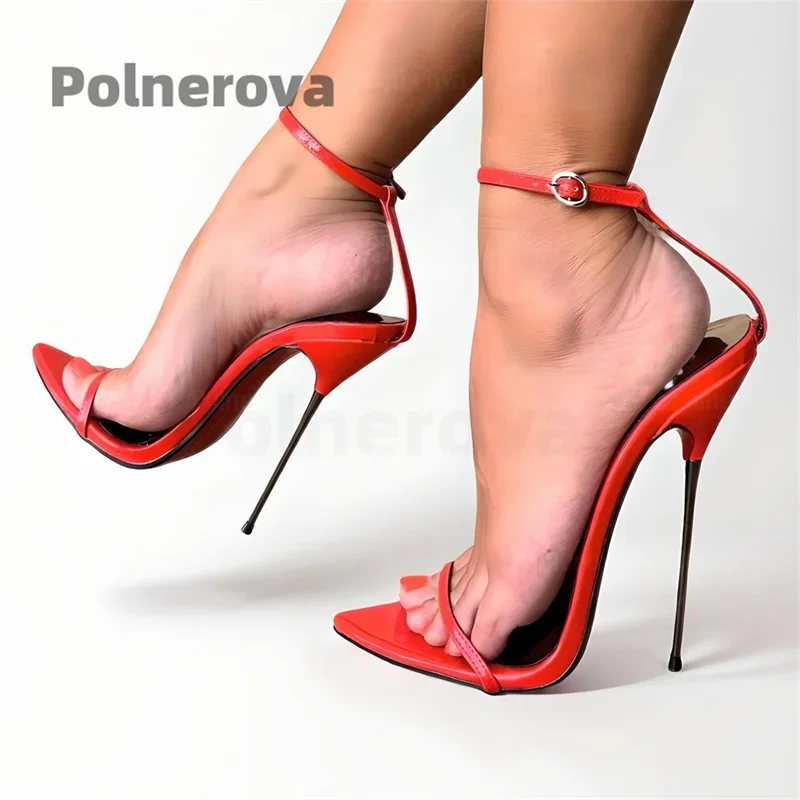 

Stiletto Ankle Strap Red Pointy Sandals for Women Ultra High Heel Open-Toed Summer Sexy Fashion Runway Nightclub Shoes