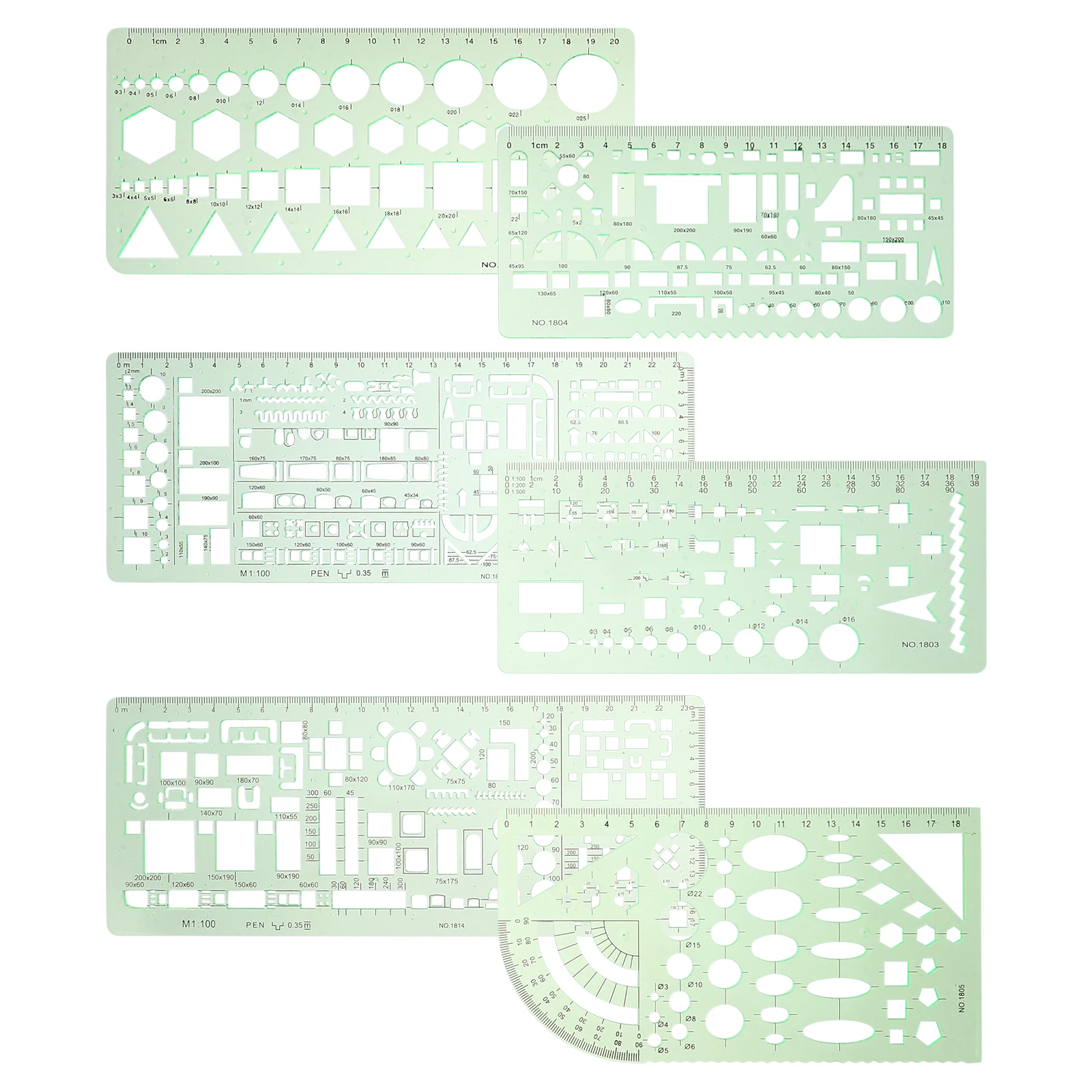 

6 Drawing Templates Set in CM High-Grade Plastic Smooth Transparent Green Geometric Stencils for School Office Home