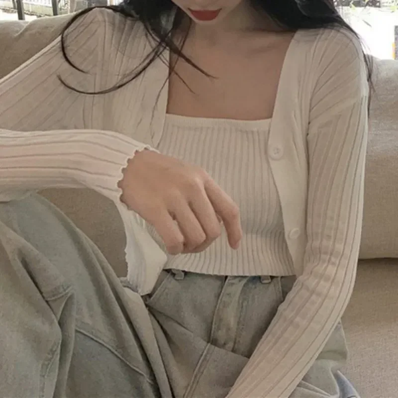 Women Knit Cropped Cardigan Casual Button Sweater Long Sleeve Shrug Knit Cardigan and Camisole Two-piece Tops Clothes for Women