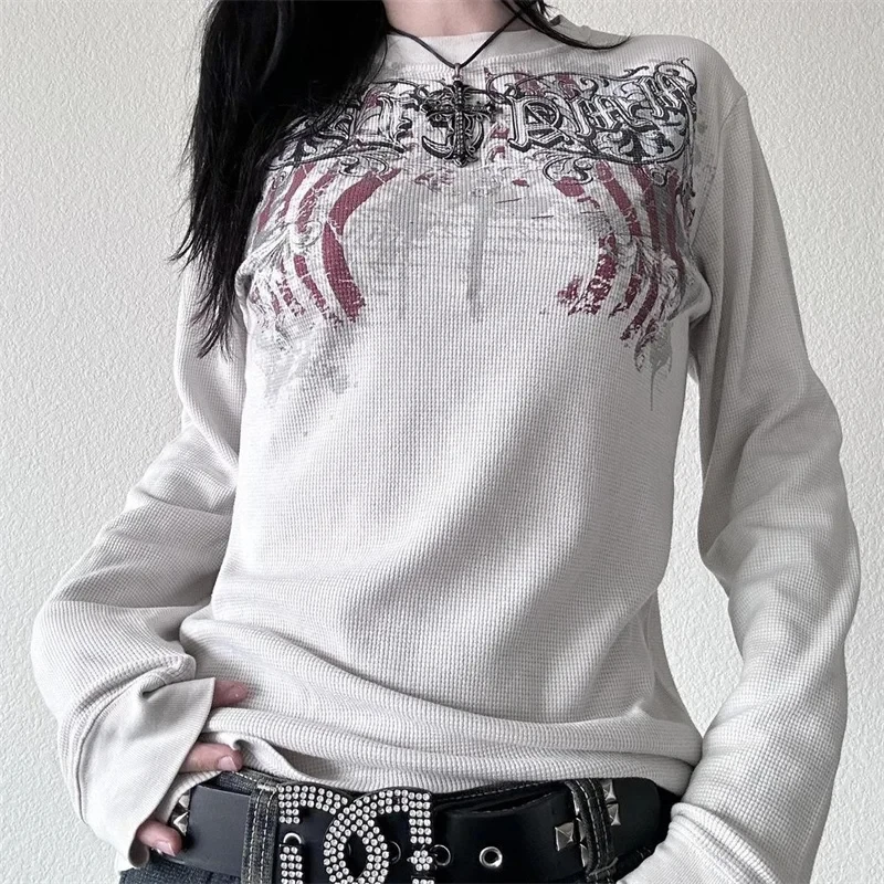 

Y2K Grunge T Shirts Women Long Sleeve Skull Graphic Gothic Tee Top E Girl Vintage Fairy Grunge Top Punk Clothing Streetwear