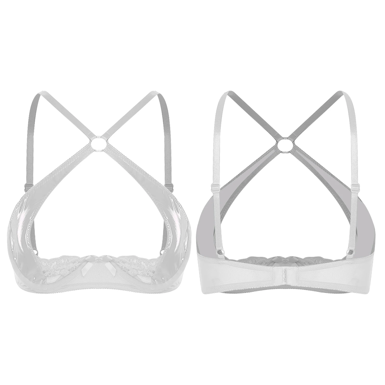 Sissy Women Lingerie Cutout Breast See Through Bra Underwear PU Embroidered Lace Crisscross Brassier for Dating Porn Nightwear