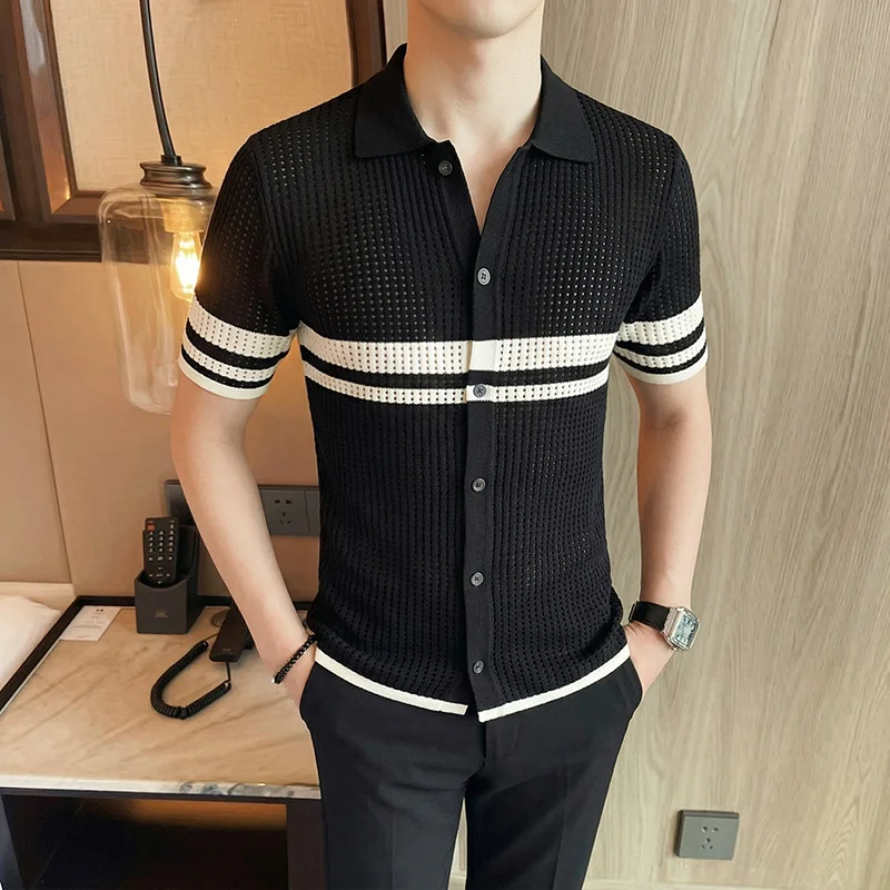 Premium Knitwear Cardigan Men's Polo Shirts Short Sleeved Striped Summer Quality Hollow Stretchy Viscose Blend Camisas Masculina