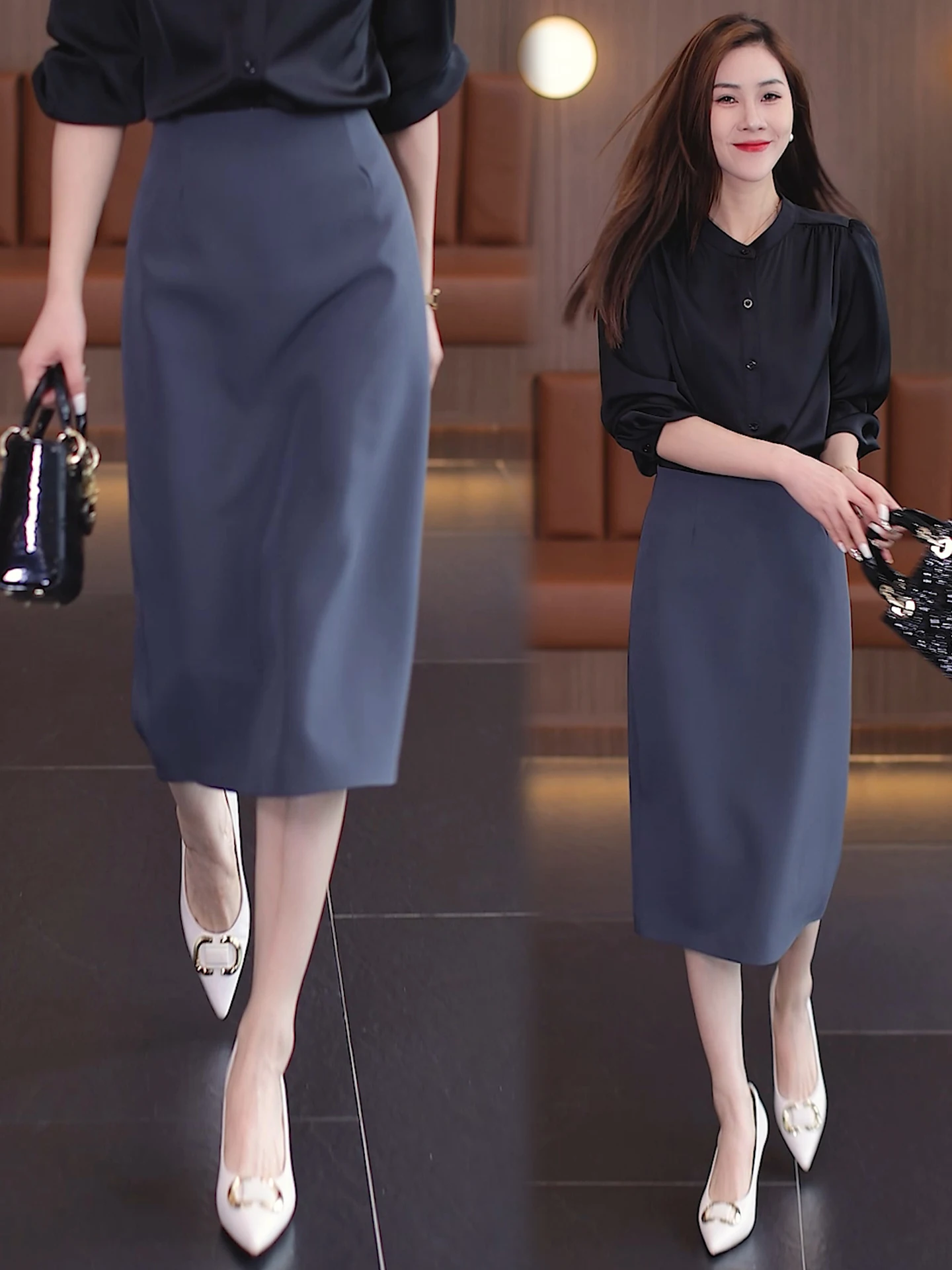 

Серая женская юбка-карандаш с высокой талией, весенне-осенняя, облегающая, средней длины, с разрезом, в деловом стиле