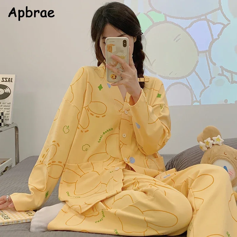 New Pajama Sets for Women Spring Autumn Kawaii Bear Print Pijamas Faux Cotton Cardigan Sleepwear Long Sleeve Japanese Loungewear