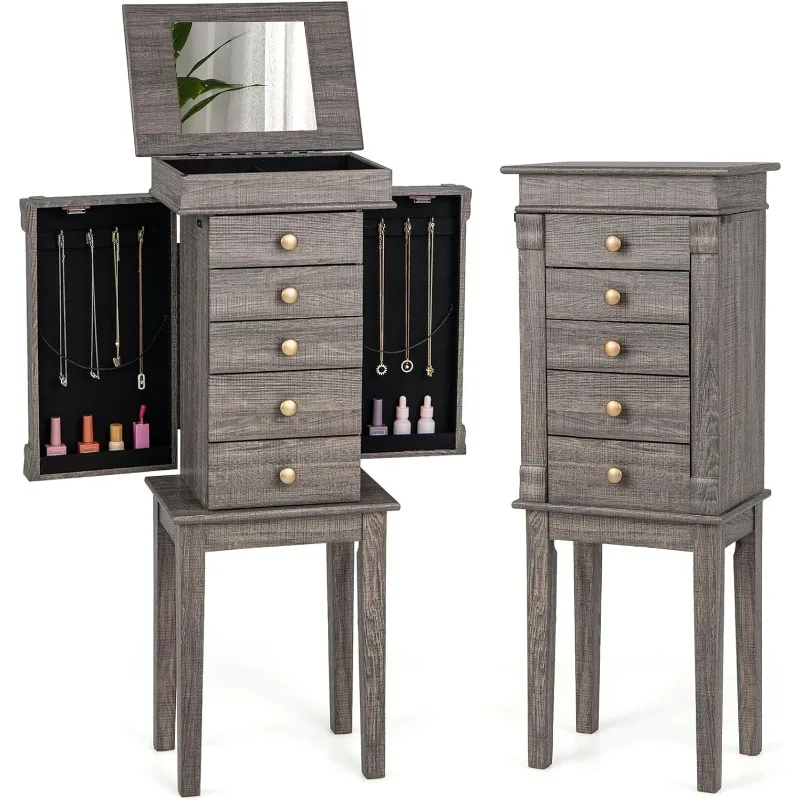 

Jewelry Cabinet Armoire with 5 Drawers, Jewelry Box Organizer with Top Flip Mirror, Side Swing Doors, Necklace Hooks Top